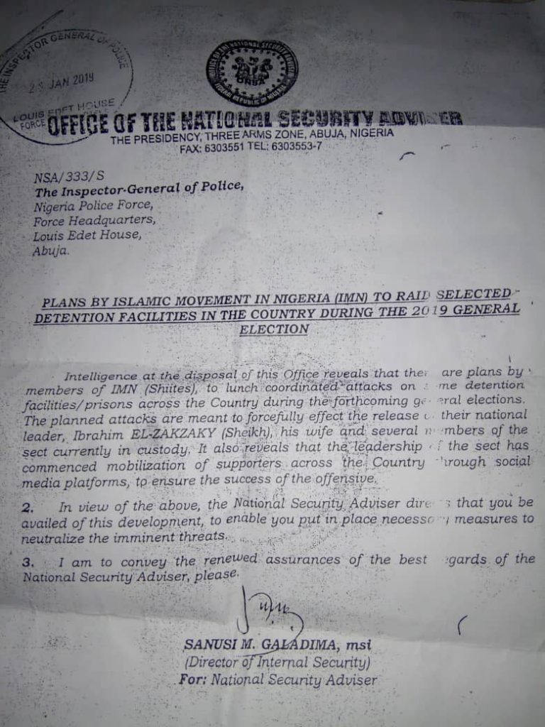 NIGERIA: Leaked letter exposes plan to attack Islamic Movement ahead of general election