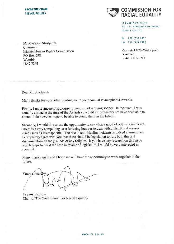 Trevor Phillips' letter on the Islamophobia Awards