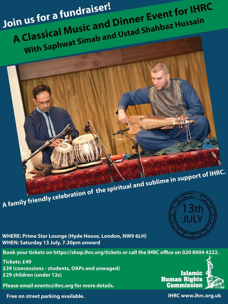 A Fundraising Classical Music and Dinner Event for IHRC With Saphwat Simab and Ustad Shahbaz Hussain