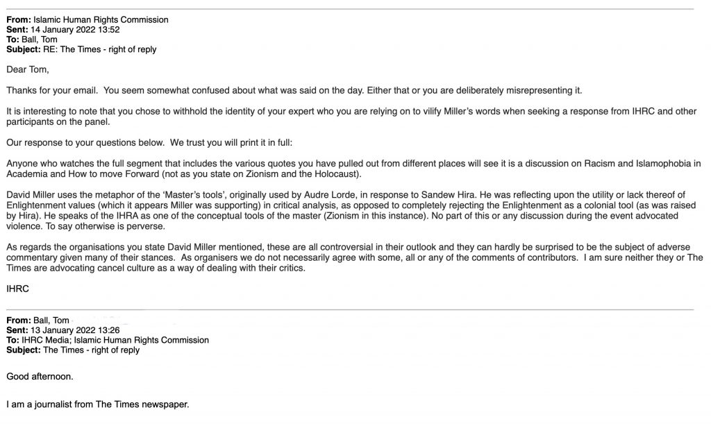 Times attacks on David Miller, an IHRC response