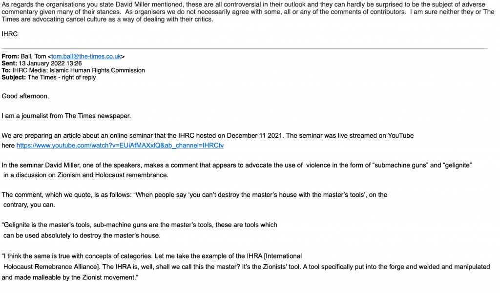 Times attacks on David Miller, an IHRC response