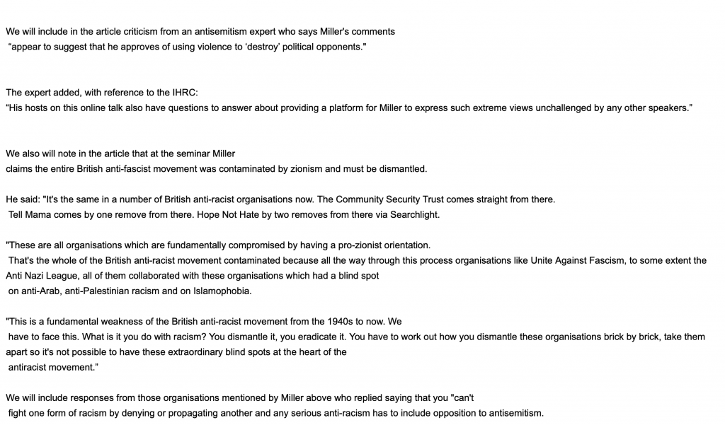 Times attacks on David Miller, an IHRC response