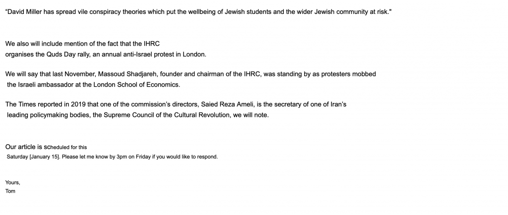 Times attacks on David Miller, an IHRC response