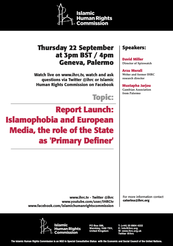 Report Launch: Islamophobia and European Media, the role of the State as 'Primary Definer'