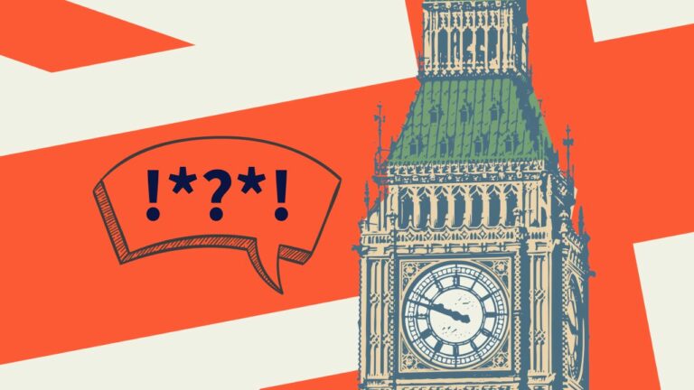 Big Ben / ElizabethTower in front of part of the Union flag, with a speech bubble containing special characters.
